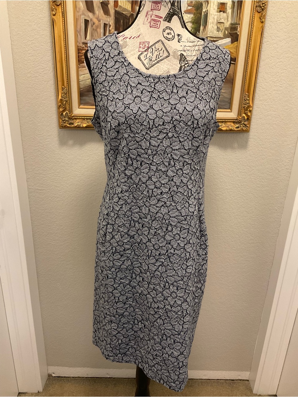 Lands' End Navy and White Sleeveless Floral Midi Dress Size 10